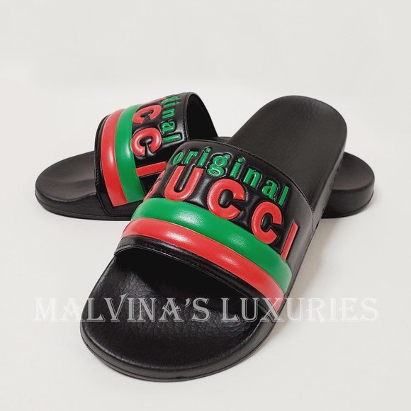 GUCCI SHOES MENS ORIGINAL BLACK LEATHER RUBBER SLIDE SANDAL w WEB sz 9G 9.5 US main image 15